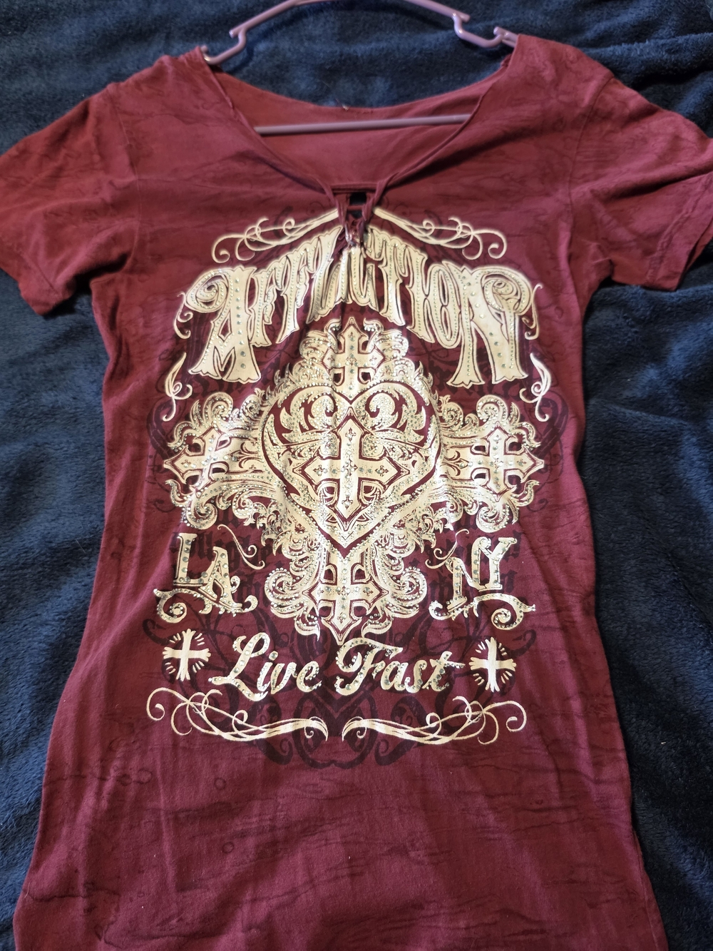 Affliction Women’s Live Fast Burgundy Graphic Tee